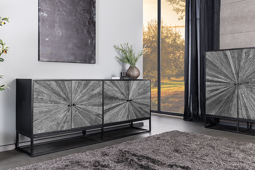 Massives Sideboard BARRACUDA 180cm grau Mangoholz mit Teakholz-Front schwarz Metall