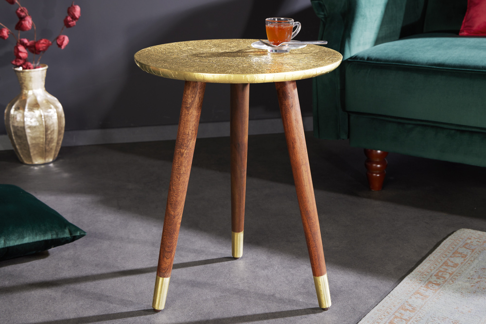 Design Beistelltisch ALCAZAR 50cm antik gold Metall Mangoholz Handarbeit rund