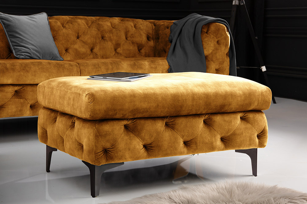Chesterfield Hocker MODERN BAROCK 90cm senfgelb Samt Sitzhocker Fußhocker