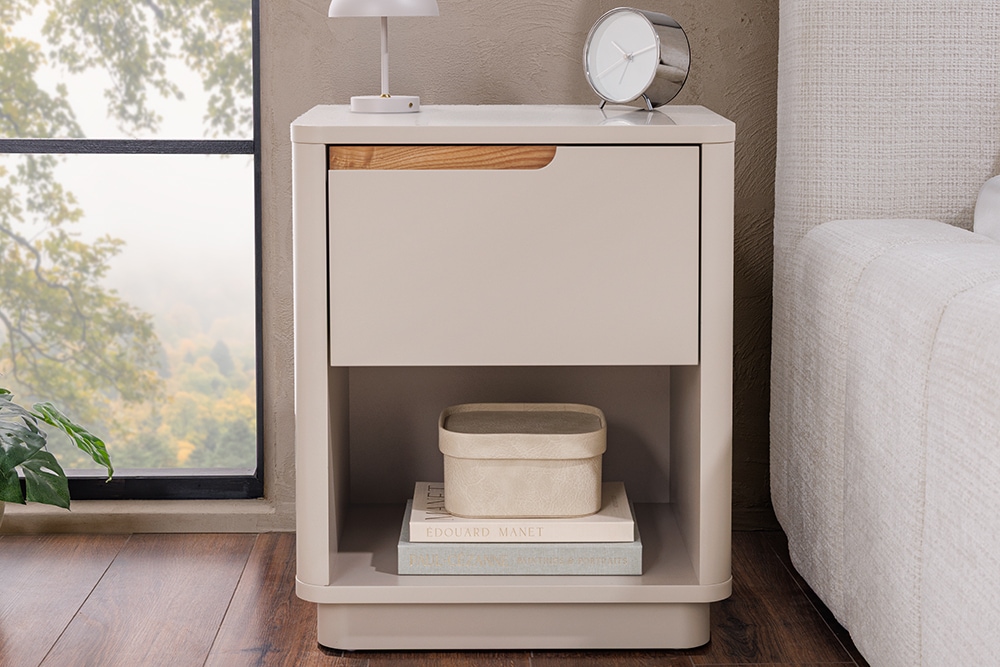 Design Nachtschrank LIV 55cm cashmere weiß mit Schublade und offenem Fach
