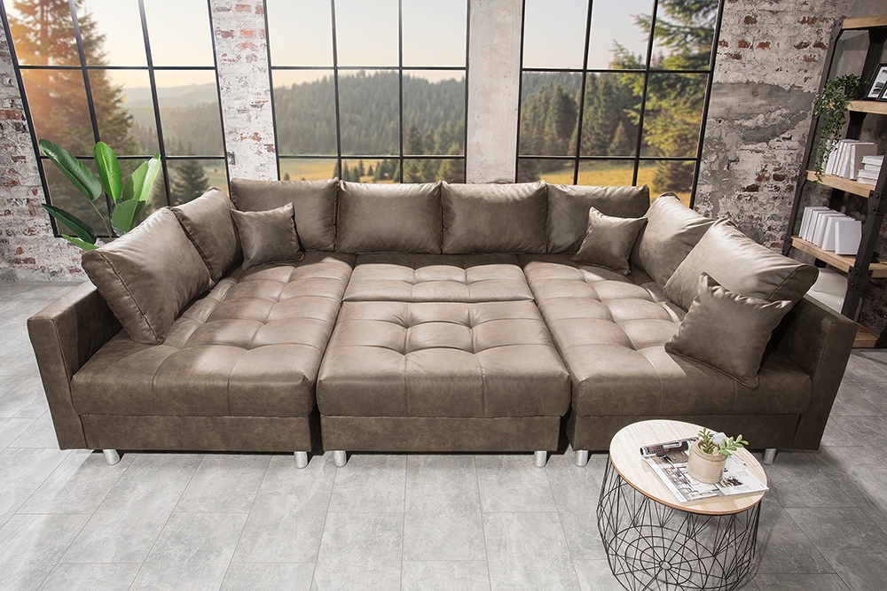 Moderne XXL Wohnlandschaft KENT 305cm taupe Federkern Bigsofa inkl. Hocker