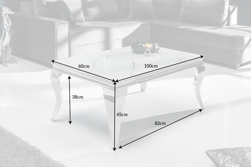 Eleganter Couchtisch MODERN BAROCK 100cm Glasplatte in Marmoroptik Edelstahlbeine