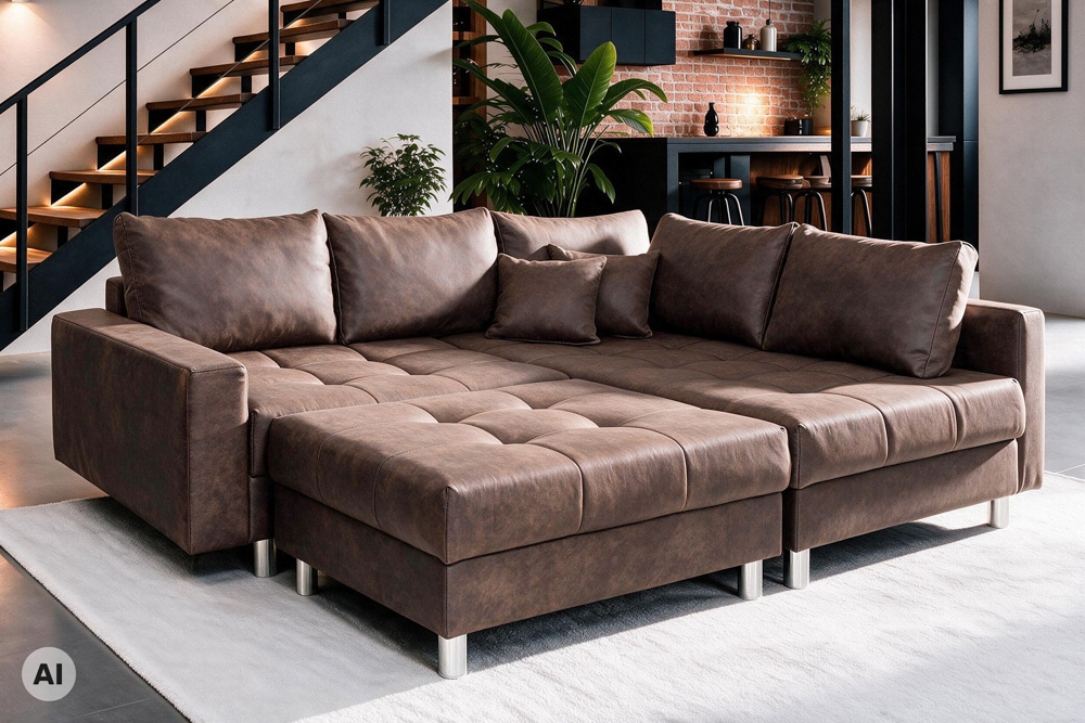 Modernes Ecksofa KENT 220cm braun Federkern Wohnlandschaft inkl. Hocker und Kissen