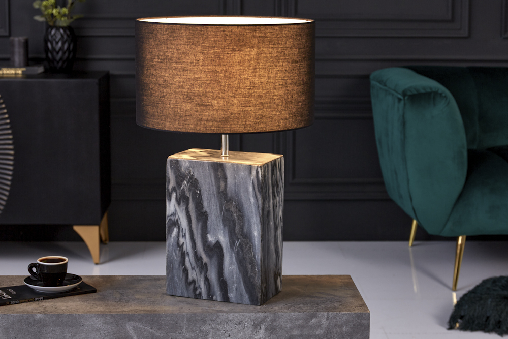Design Tischlampe NOBLE 55cm schwarz Marmorfuß Stoffschirm