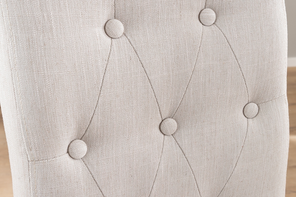 Design Stuhl CASA beige Leinen Massivholzbeine mit Zierknöpfen und Nackenrolle