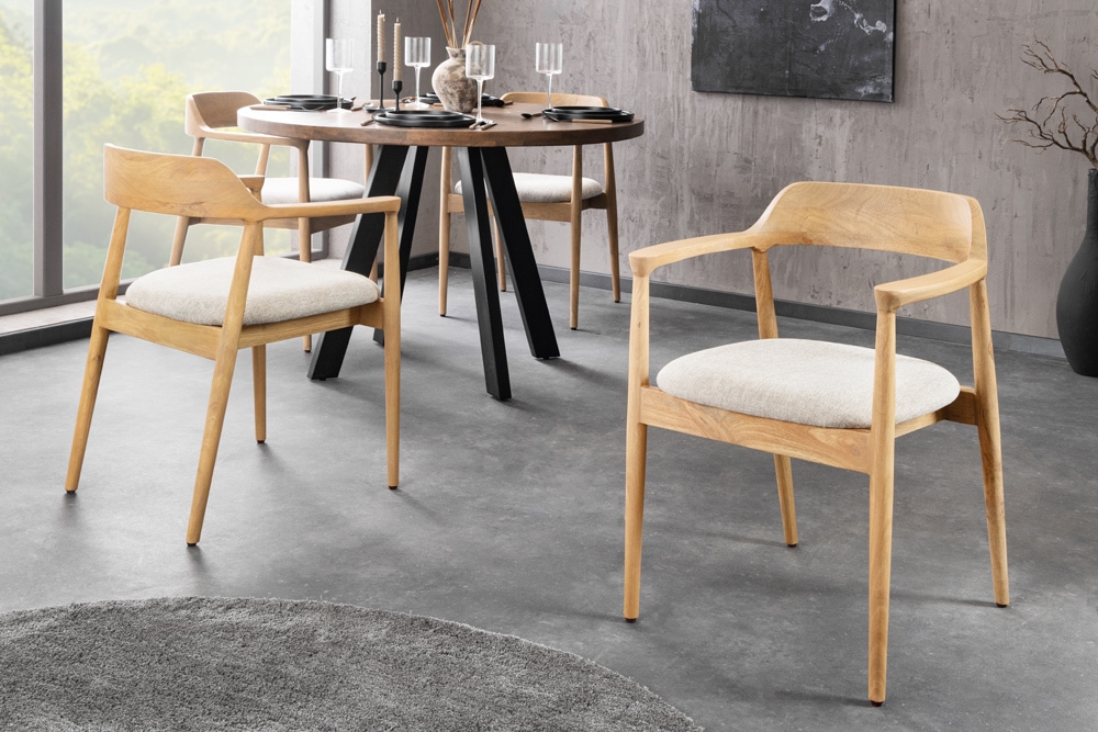 Design Stuhl KENNEDY creme beige massives Mangoholz mit Polstersitz Strukturstoff