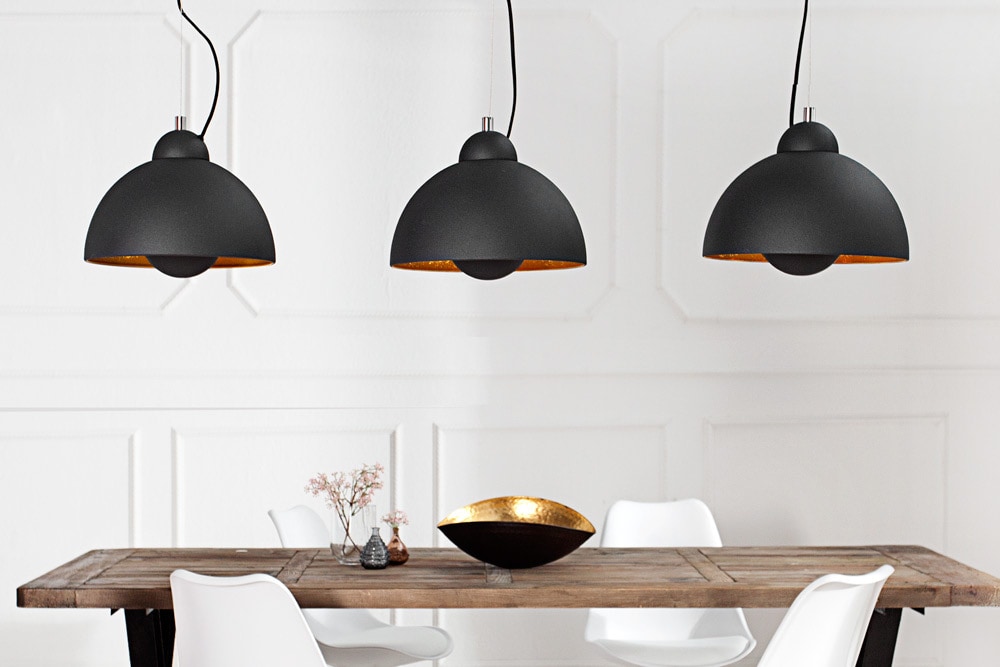 Elegante Hängelampe STUDIO 3 110cm schwarz Blattgold-Optik drei Schirme