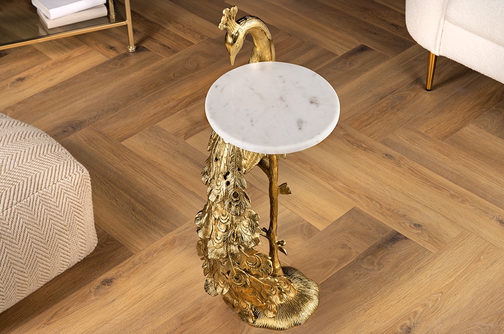 Runder Beistelltisch WILDLIFE PEACOCK 75cm gold antik weiß Metall Marmor Pfauen-Skulptur