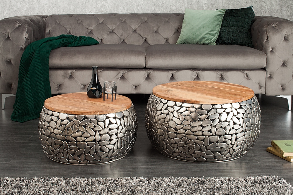 2er Set Runde Couchtische STONE MOSAIC 65cm silber Mangoholz Metall handmade Mosaik Design