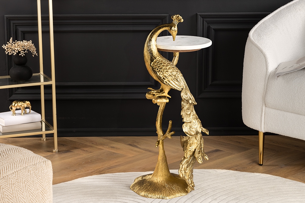 Runder Beistelltisch WILDLIFE PEACOCK 75cm gold antik weiß Metall Marmor Pfauen-Skulptur