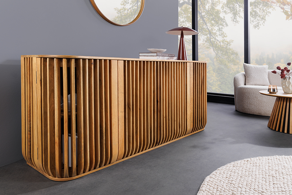 Massives Sideboard SCULPTURA 170cm natur Mangoholz mit abgerundeter Lamellenfront