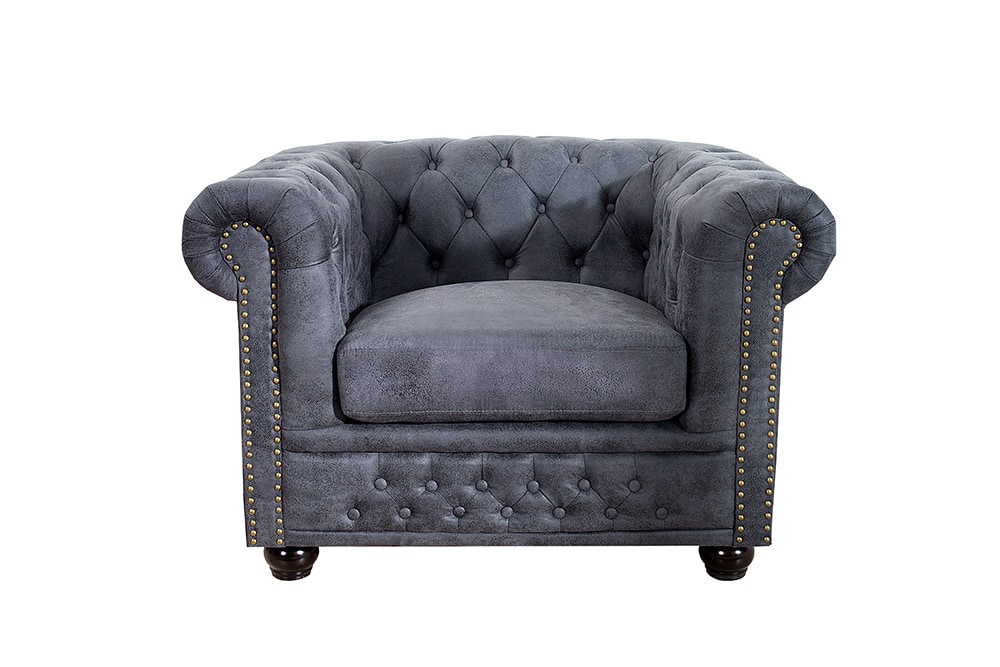 Chesterfield Sessel 105cm antik grau mit Knopfheftung und Federkern
