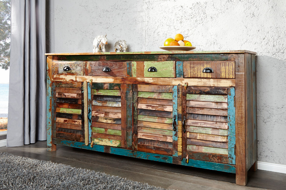 Einzigartiges Sideboard JAKARTA 160cm bunt recyceltes Massivholz aus Fischerbooten