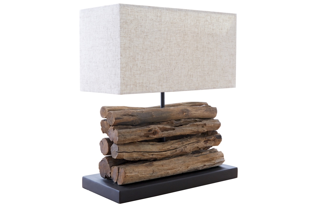 Handgefertigte Tischlampe PERIFERE 40cm beige Treibholz Leinenschirm