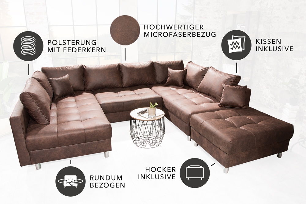 Moderne XXL Wohnlandschaft KENT 305cm antik braun Federkern Bigsofa inkl. Hocker