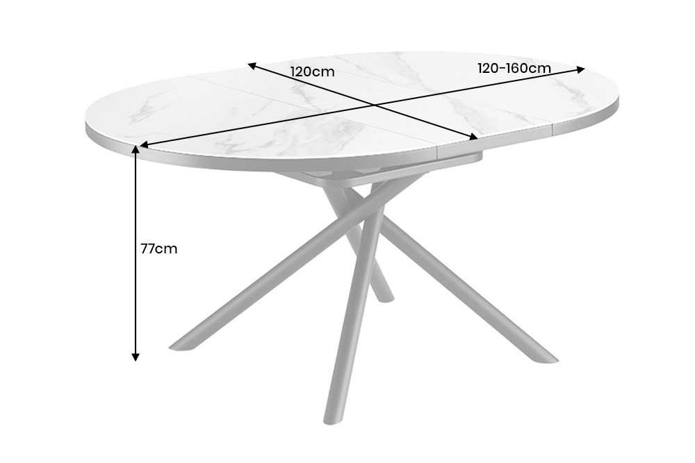 Ausziehbarer Esstisch MIKADO 120-160cm weiß Keramik oval schwarz Sterngestell
