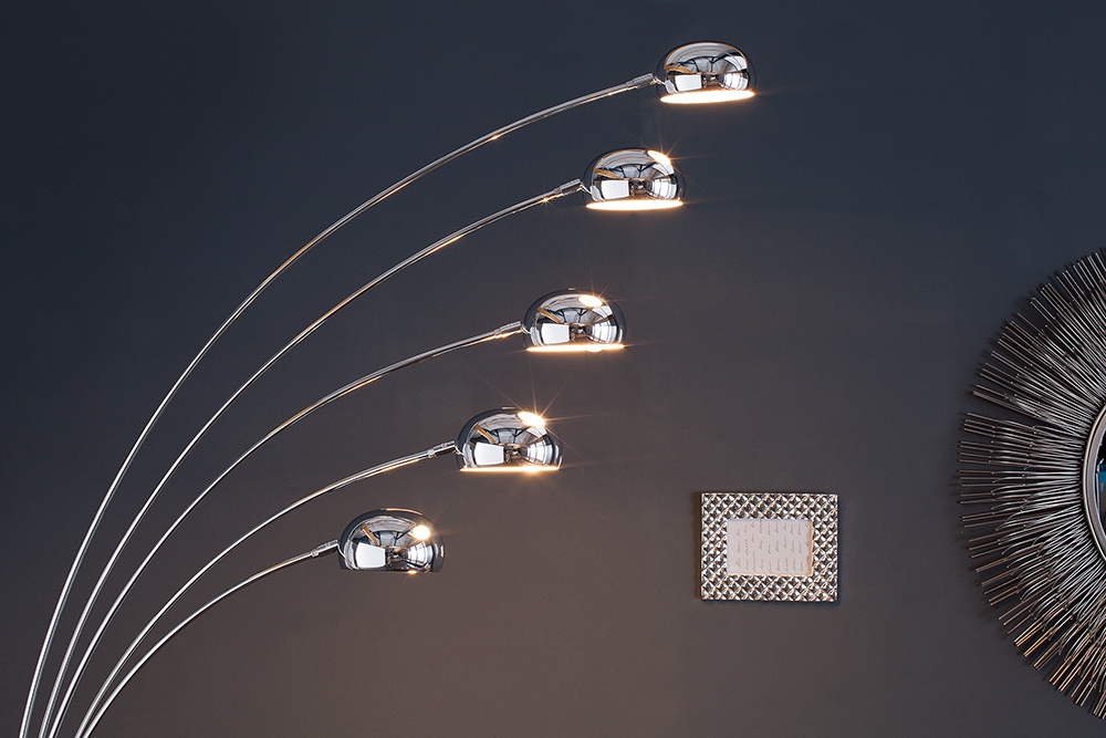 Design Bogenlampe FIVE LIGHTS 205cm chrom Stehlampe mit schwarzem Marmorfuß
