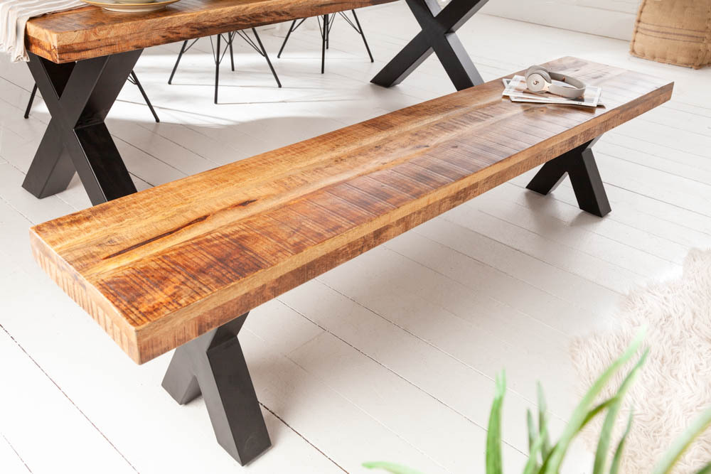 Industrial Sitzbank IRON CRAFT 200cm Mangoholz mit X-Beinen in schwarz