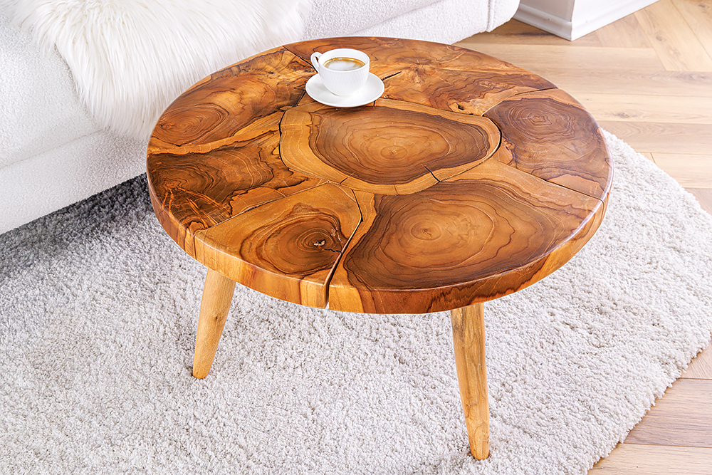 Runder Massivholz Couchtisch MOSAIK 60cm natur Teak Baumstamm handmade