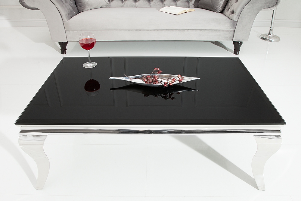 Eleganter Couchtisch MODERN BAROCK 100cm silber mit schwarzem Opalglas