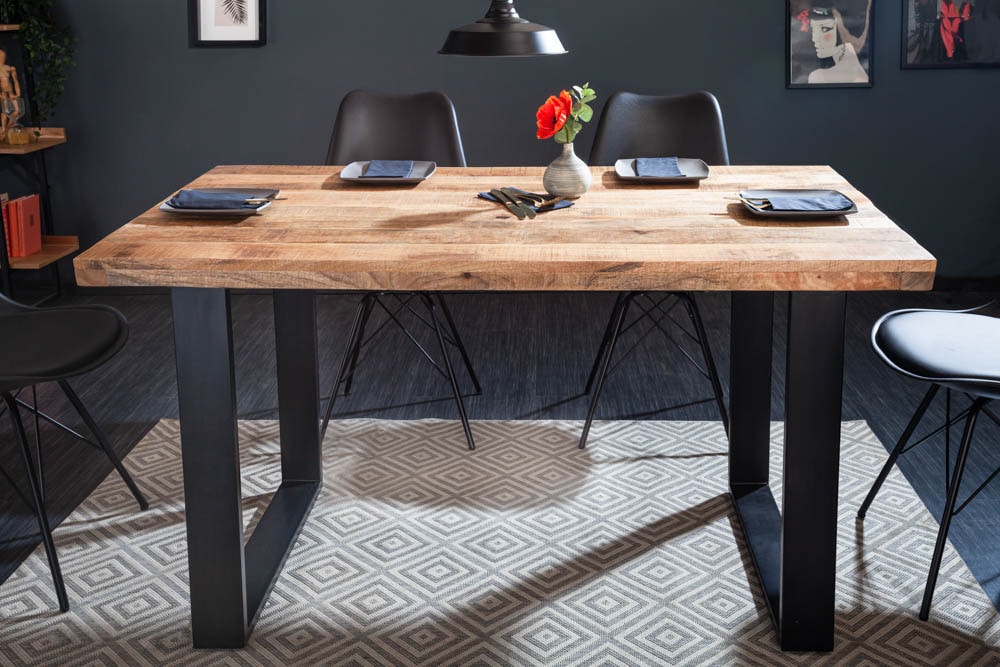 Massiver Esstisch IRON CRAFT 120cm Mangoholz schwarzes Eisengestell Kufe Industrial Design