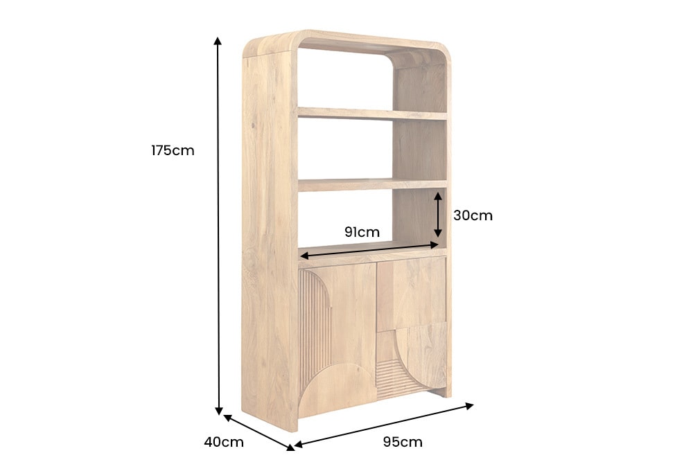 Massives Regal ART DECO 175cm cream finish beige Mangoholz abgerundet mit 3D-Front