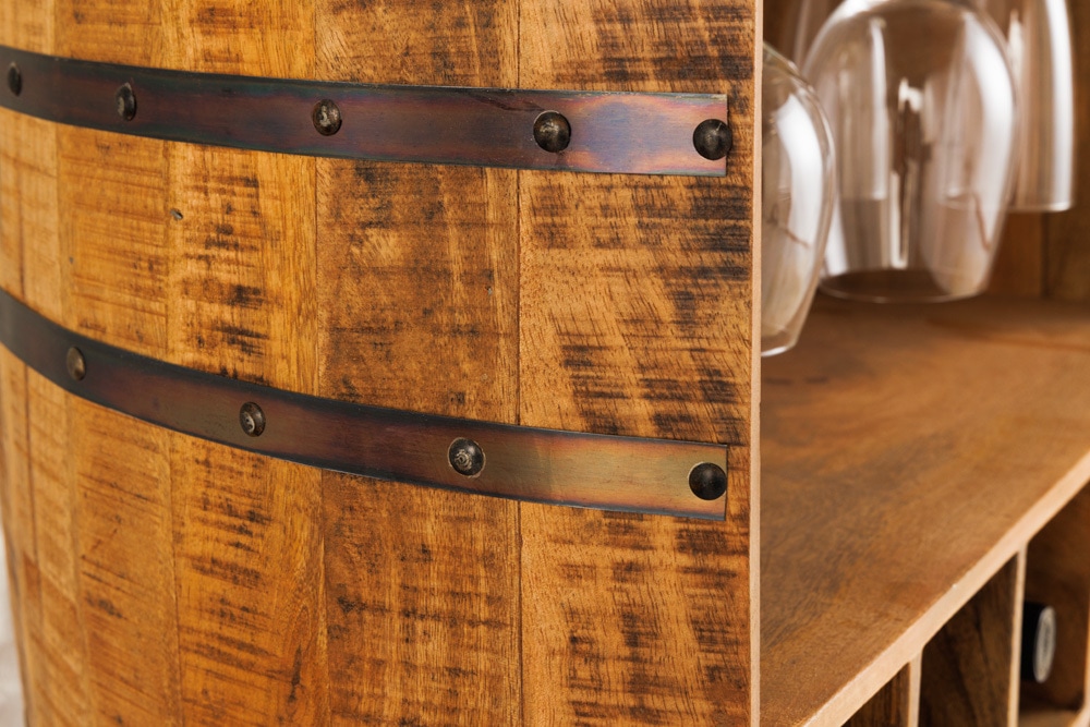 Vintage Weinregal BODEGA 90cm natur Mangoholz Barschrank Fass für 15 Flaschen