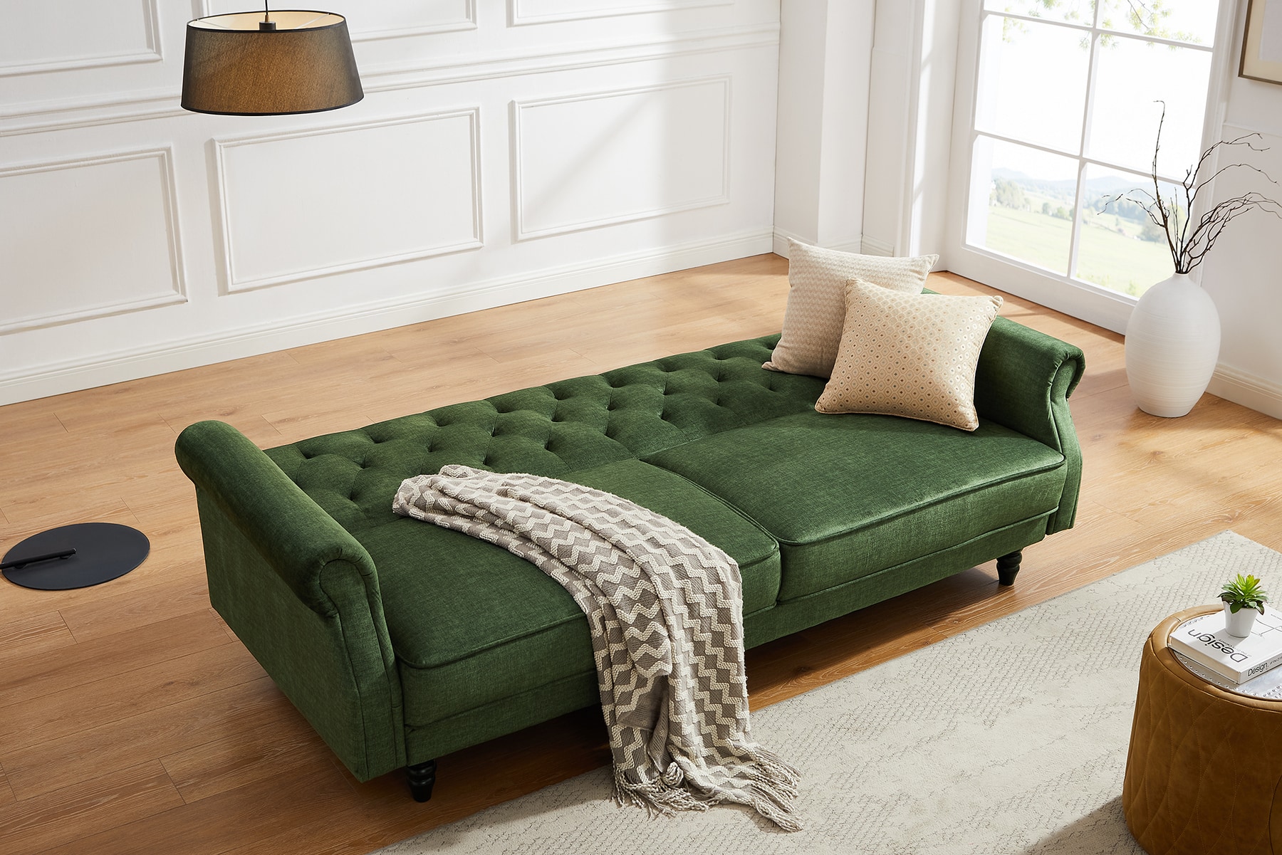 Schlafsofa MAISON BELLE AFFAIRE 220cm moosgrün Vogue Seiden Samtstoff 3-Sitzer