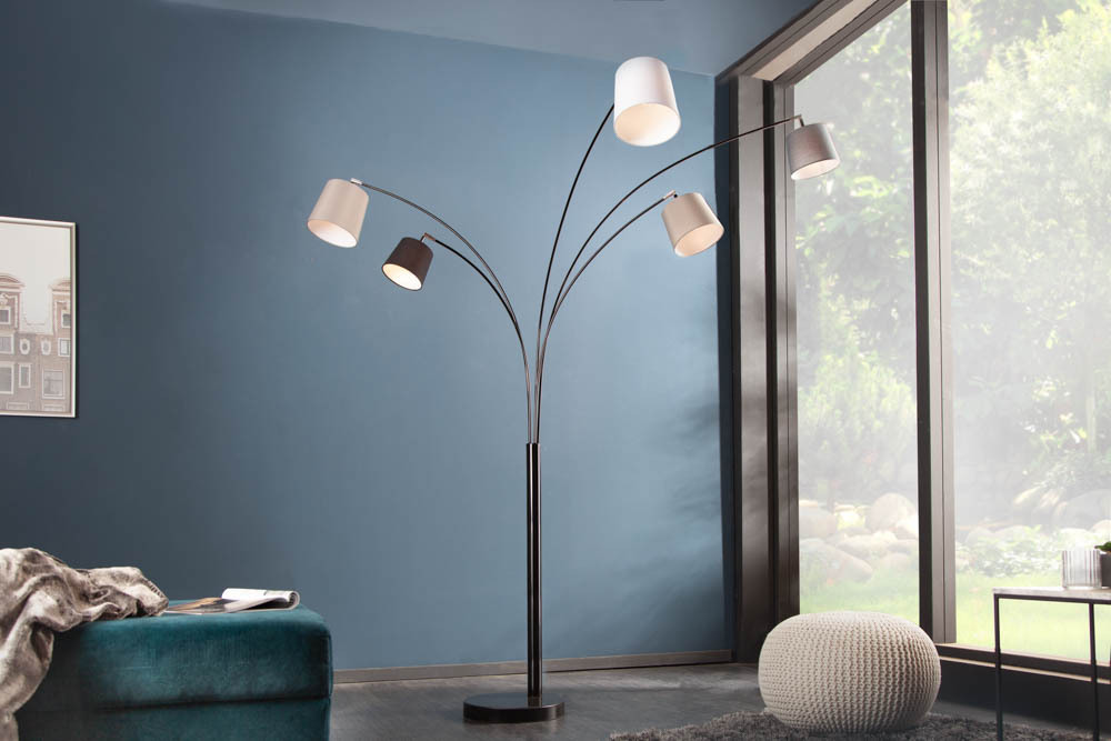 Design Bogenlampe LEVELS 205cm schwarz grau 5 Leinenschirme Stehlampe