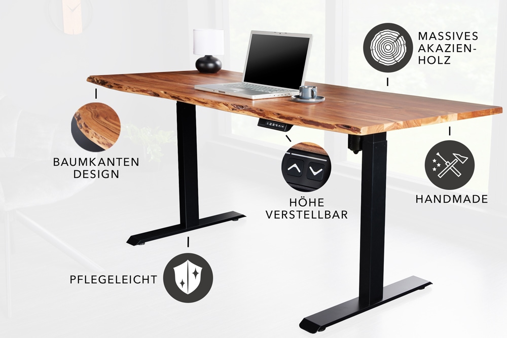 Höhenverstellbarer Schreibtisch MAMMUT 120cm natur Akazie Massivholz Baumkante