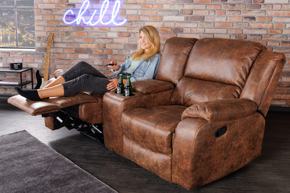 Exklusiver 2er Kinosessel HOLLYWOOD antik braun mit Liegefunktion und Getränkehalter