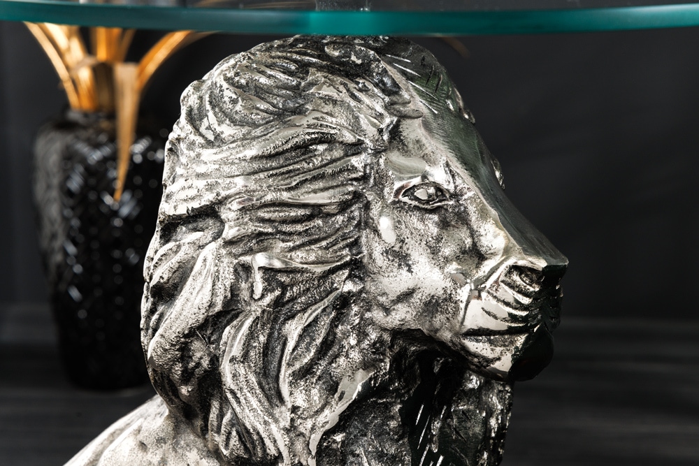 Runder Beistelltisch WILDLIFE LION 60cm silber antik Metall Glas Löwen Skulptur