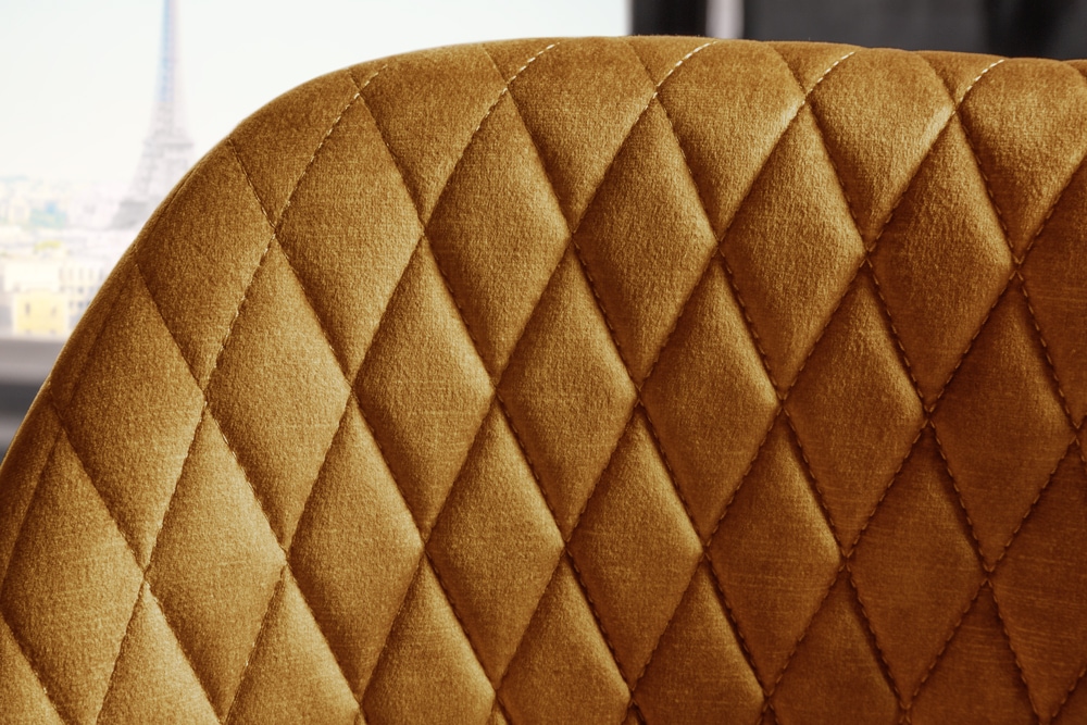 Design Barhocker PARIS senfgelb Samt mit Lehne Metall schwarz gold Ziersteppung