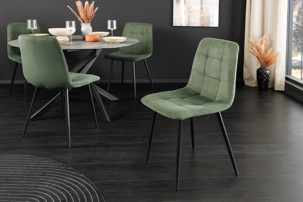 Moderner Design Stuhl TRES CHIC grün Cord schwarze Metallbeine Esszimmer