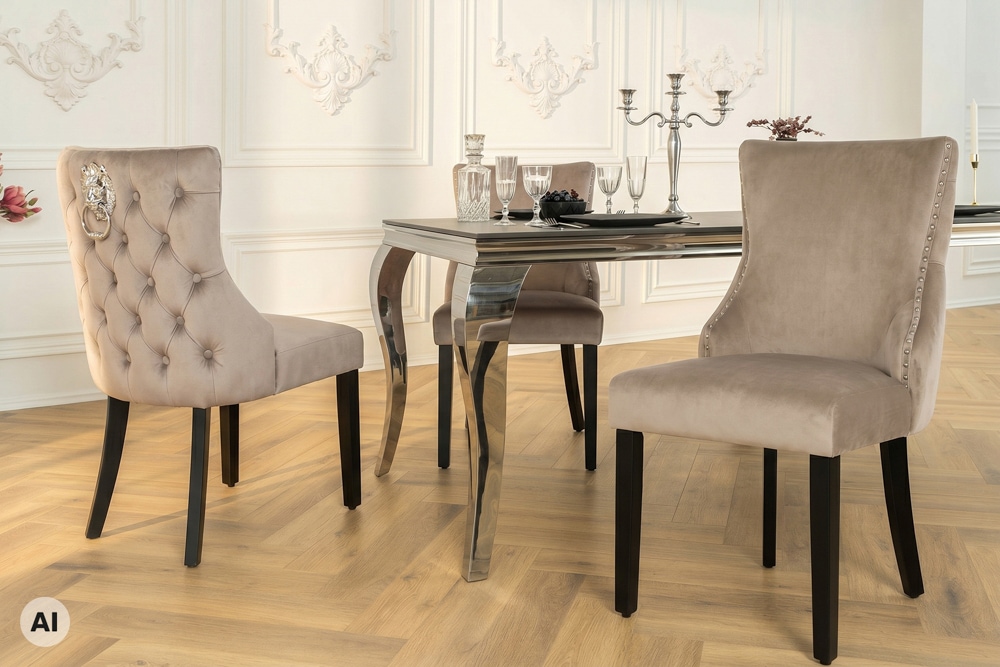 Chesterfield Stuhl CASTLE DELUXE cappuccino Samt mit Löwenkopf Nieten