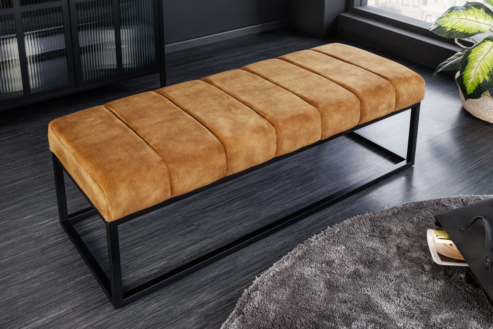 Moderne Sitzbank PETIT BEAUTÉ 110cm senfgelb Samt schwarzes Metallgestell