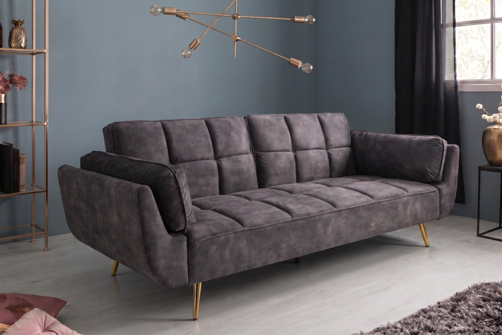 Retro Schlafsofa BOUTIQUE 215cm dunkelgrau Samt 3-Sitzer mit goldenen Füßen