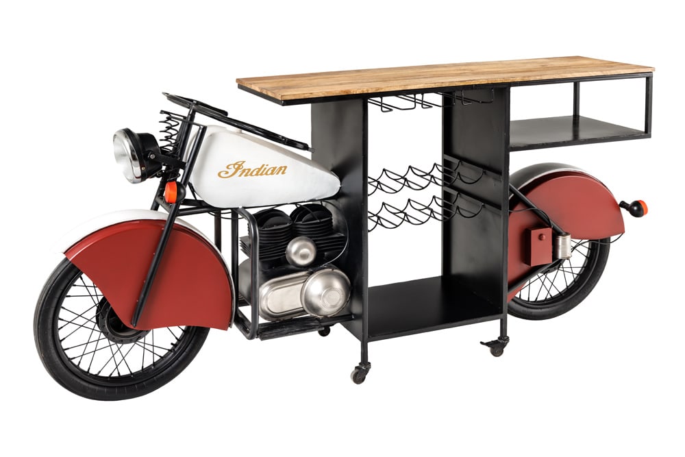 Design Bartisch EASY RIDER 230cm weiß rot schwarz Mangoholz Motorrad Upcycling