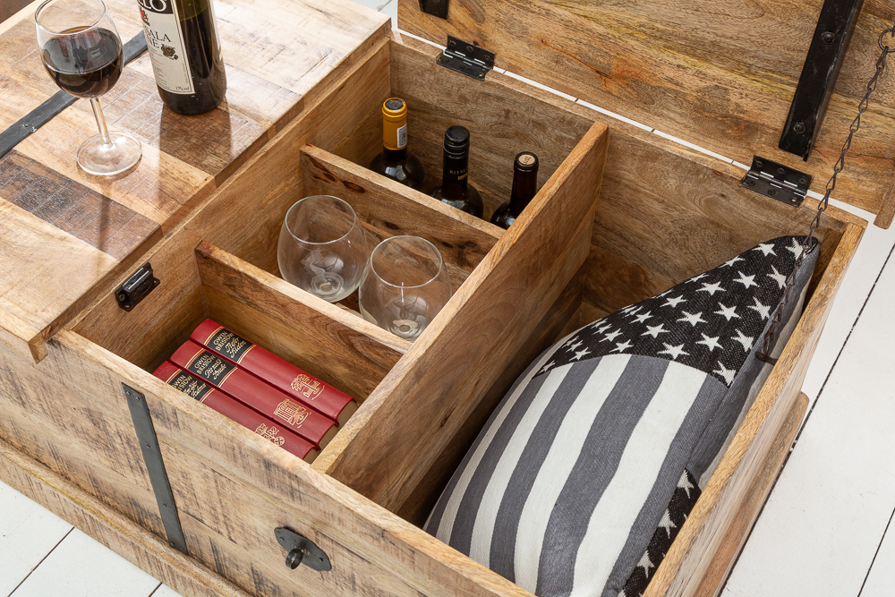 Massivholz Couchtisch BODEGA 100cm Mangoholz Hausbar Truhe mit Stauraum