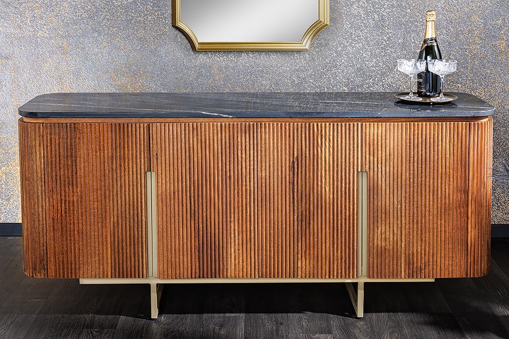 Design Sideboard GATSBY 160cm braun gold Mangoholz Marmor Metallgestell