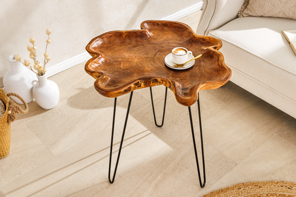 Einzigartiger Beistelltisch WILD 65cm natur Teakholz Hairpin Legs Couchtisch