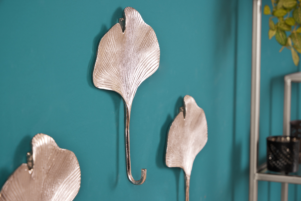 Dekoratives Kleiderhaken 3er Set GINKGO 30cm silber handmade Metall Dekoratives Kleiderhaken 3er Set GINKGO 30cm silber handmade Metall