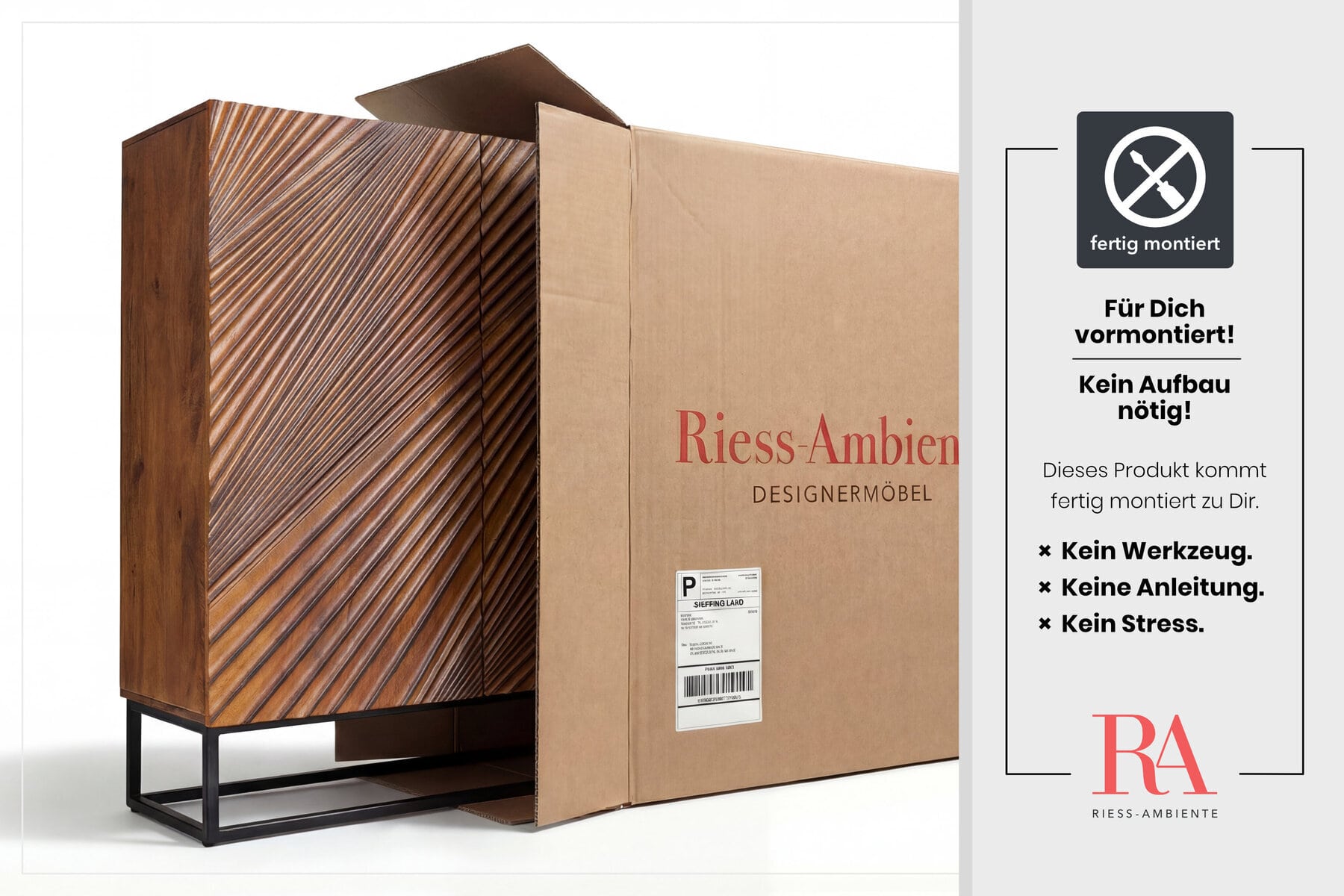 Massives Highboard ART 120cm braun Mangoholz 3D-Design schwarz Metall