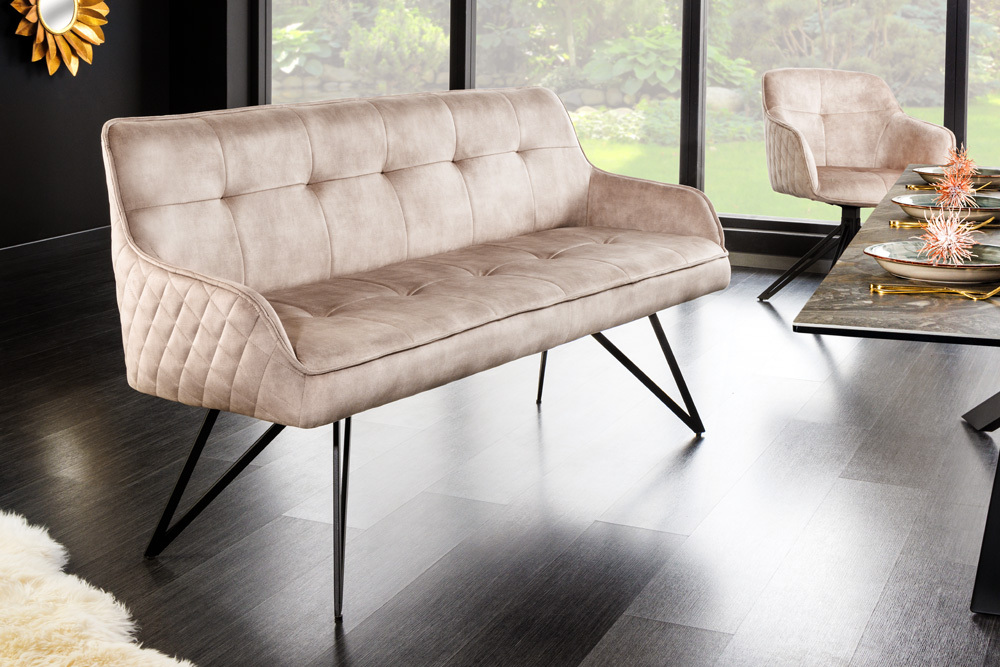 Design Sitzbank EUPHORIA 160cm champagner greige Samt Hairpin Legs Metallbeine Armlehnen
