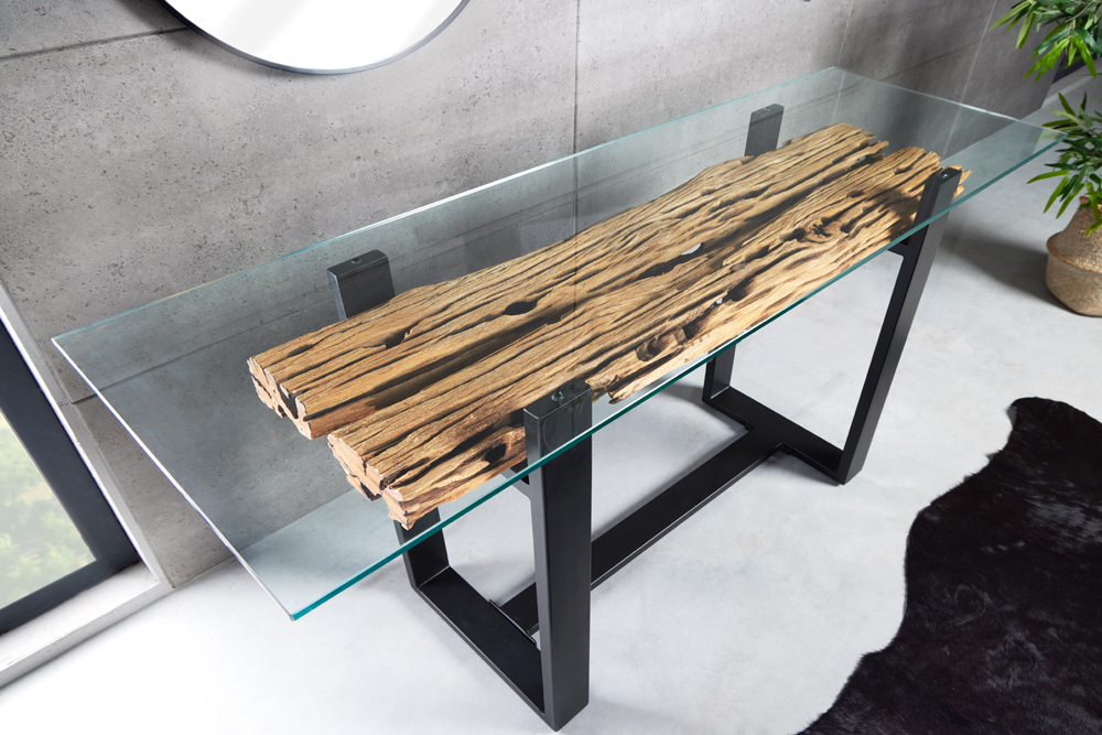 Design Konsolentisch BARRACUDA 150cm recyceltes Teakholz Glas Industrial