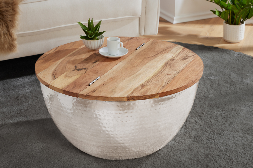 Runder Couchtisch ORIENT STORAGE 60cm silber Akazienholz mit Stauraum Hammerschlag handmade