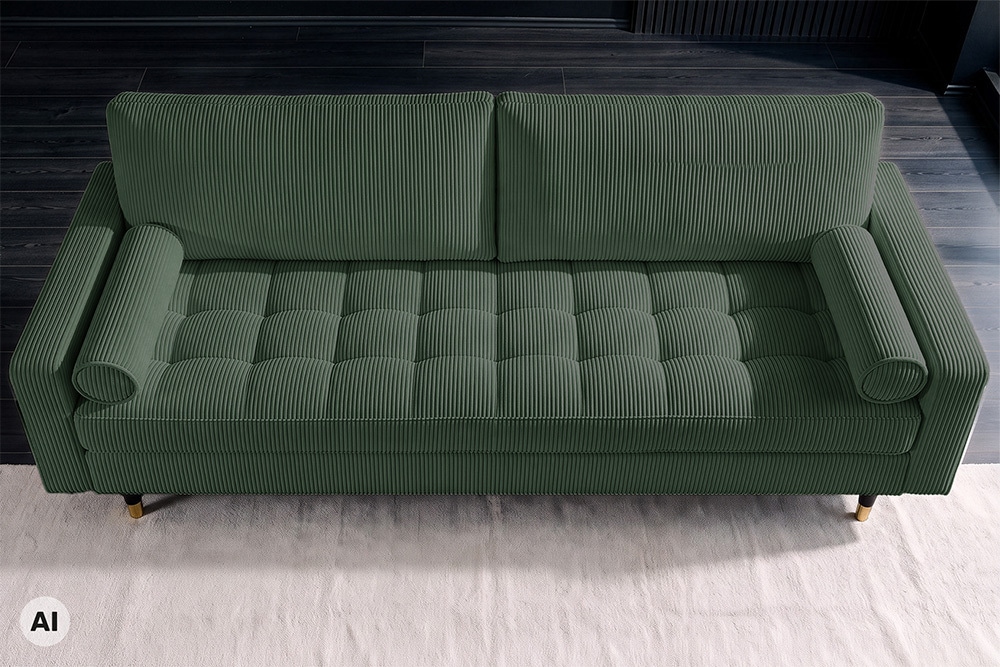 3er Sofa COZY VELVET 220cm grün Cord schwarze Füße mit goldener Kappe