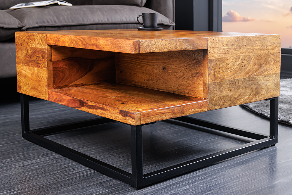 Massivholz Couchtisch GIANT 60cm braun Sheesham stone finish Metall schwarz Ablage » Jetzt kaufen