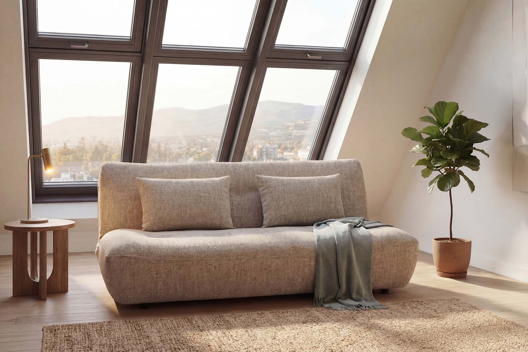 Modernes Schlafsofa ELYPSE 200cm greige Chenille 3-Sitzer Couch inkl. Kissen