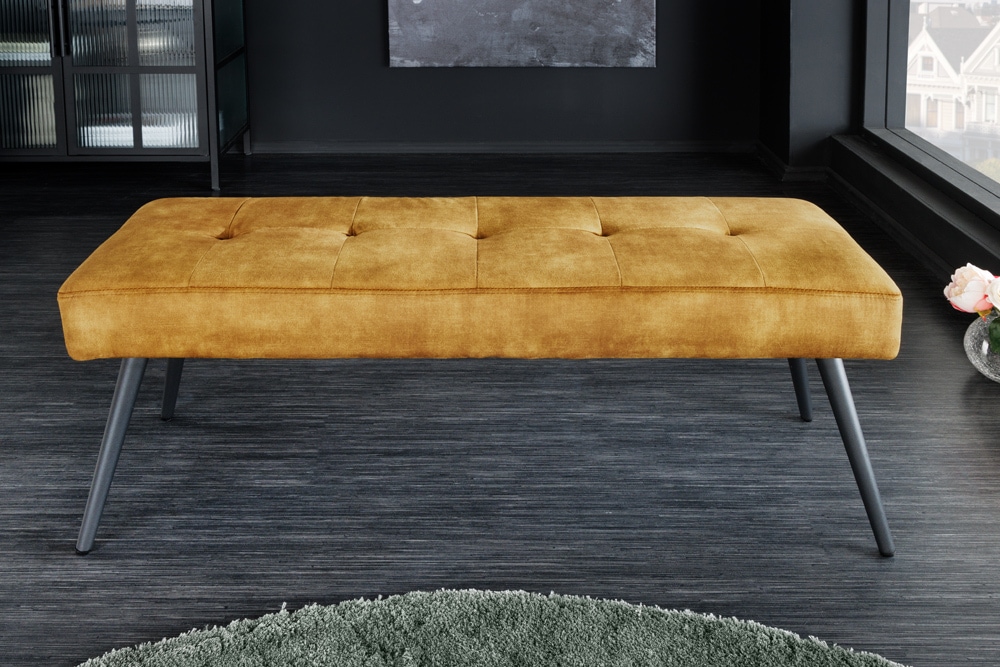 Design Sitzbank BOUTIQUE 100cm senfgelb Samt Metallbeine schwarz